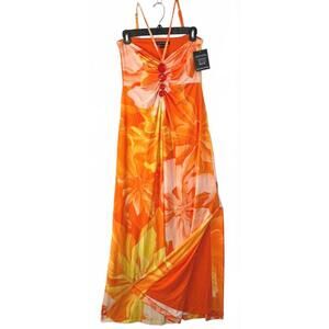 Boston Proper Women’s Floral Gem Halter Maxi Dress Orange Tropical Sz XS NWT
